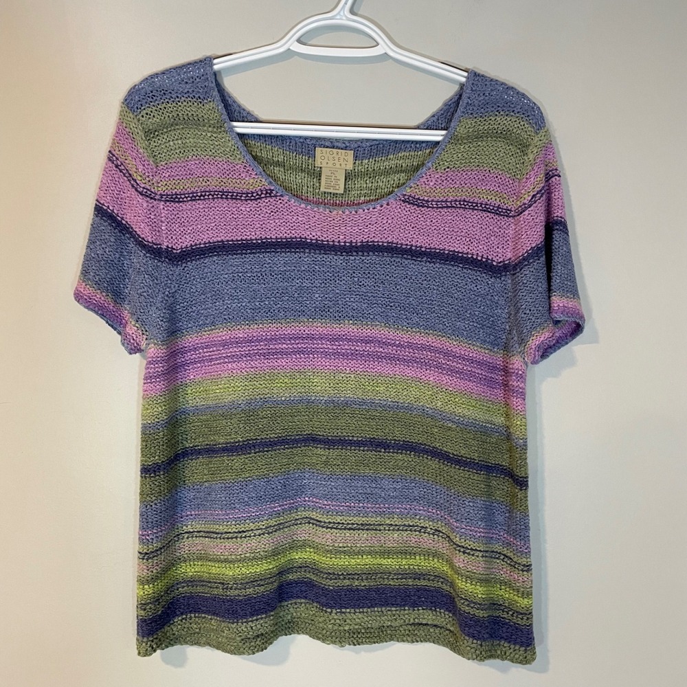 Sigrid Olsen Sport Petite Large Striped Beachy Knit Short Sleeve Top‎ Coastal